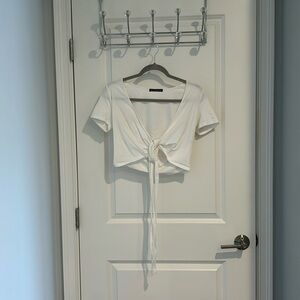 White Short Sleeve Tie Front Crop Top